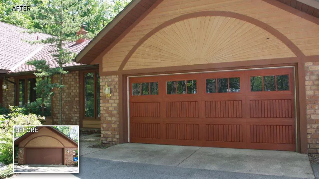 Wayne Dalton, model 9800, Sonoma, 18' x 7', Cherry, 6 vertical lite windows